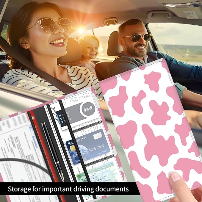 BAUCIWLD Premium Car Registration and Insurance Card Holder, Cute PU Leather Car Document Holder, Vehicle Glove Box Car Organizer with Magnetic Closure for Driver License, Cards Pink Cow Print