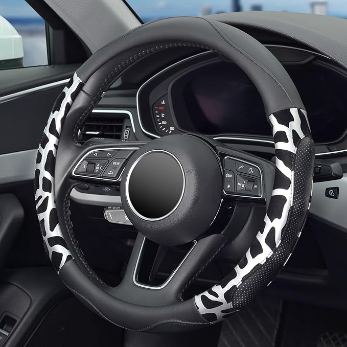 ZHOL Car Steering Wheel Cover, Universal 15 inch Breathable Microfiber Leather Steering Wheel Protector, Anti Slip Car Interior Accessories, Black&Silver