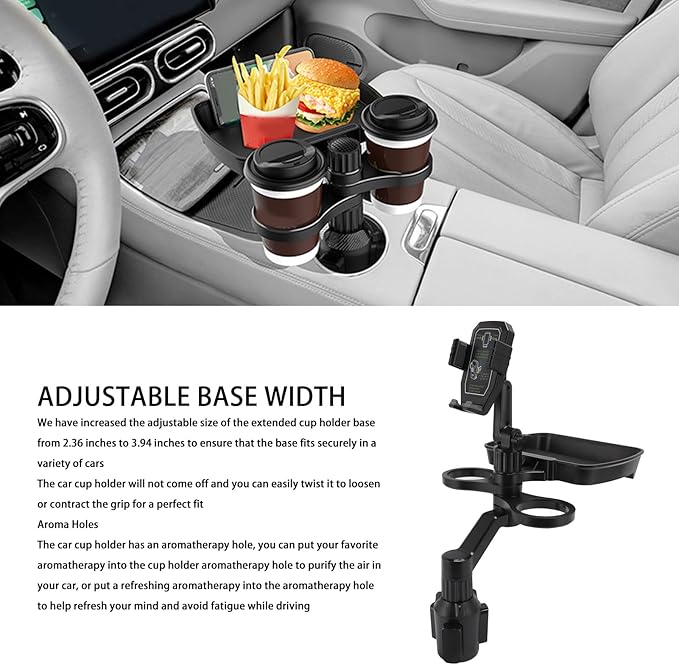VBESTLIFE 4 in 1 Car Cup Holder Expander Tray, Car Cup Holder + Phone Mount + Food Tray Multifunctional Cup Holder Tray with 360° Rotation Base, for Truck RV Driver Road