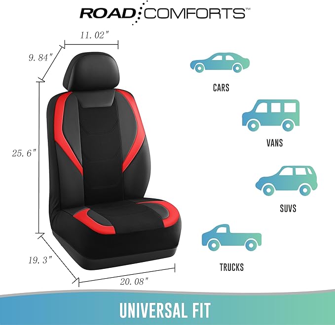 Road Comforts Car Seat Cover, Leather Mesh Front Seat Cover, Universal Fit for Most Cars, SUVs, Trucks, and Vans, Airbag Compatible - Red 2Pcs Pack