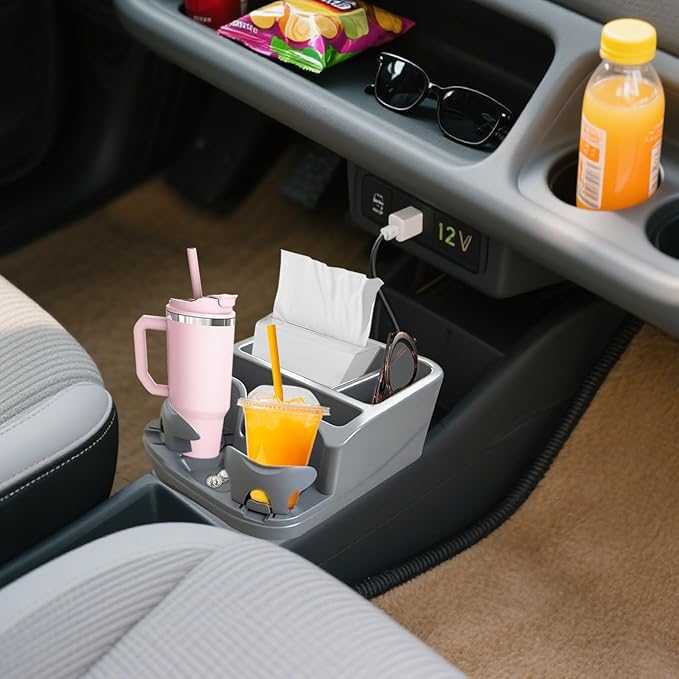 Car Center Console with Adjustable Cup Holders, Universal Center Console Organizer for Truck, Cars, Minivans, Suvs, Truck Floor Console, Bench Seat Center Console (Gray)
