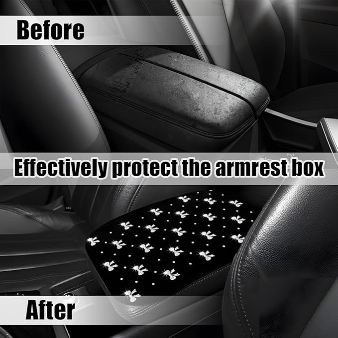 Car Center Console Cover, Waterproof Leather Bow Ribbon Vehicle Arm Rest Pad, Comfortable Automotive Interior Seat Box Armrest Protection Cushion Accessories, Universal Fit (Silver)