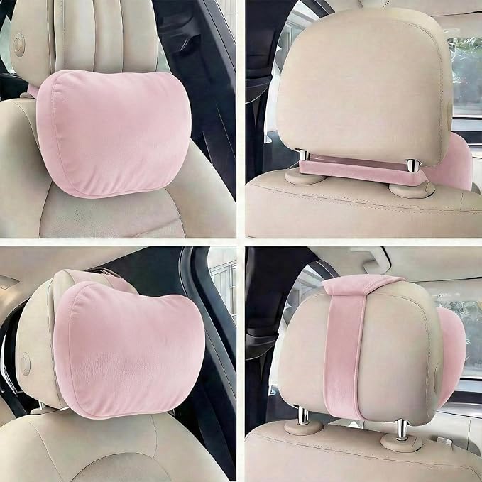 2PCS Car Pillow for Car Neck Pillow for Driving Seat Leather Neck Support Soft Cushion Back Support Head-Rests for Vehicle Sleeping with Elastic Adjustment Strap (Light Pink, Head)
