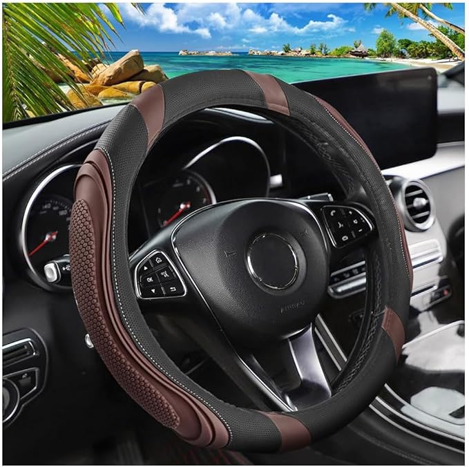 15 Inch Car Leather Steering Wheel Cover, Automotive Accessories Elastic Breathable Anti-Slip Soft Wheel Protector Fits Men and Women, Suitable for SUVs, Trucks, Vehicles and RVs (Coffee)