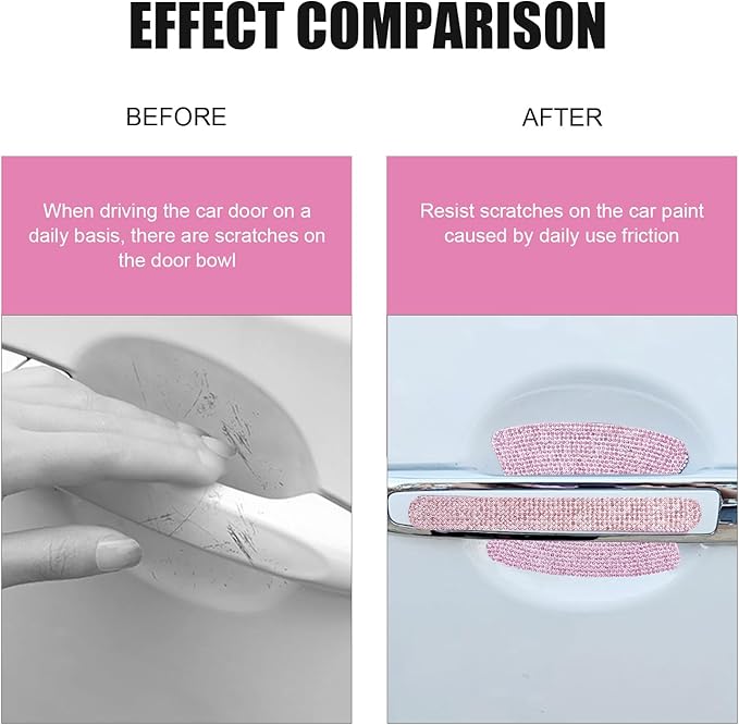 10PCS Bling Car Door Handle Protector, Crystal Rhinestone Car Door Handle Scratch Protector, Anti-Scratch Door Bowl Paint Guard Protective Film, for Auto, Van, Truck (Pink)