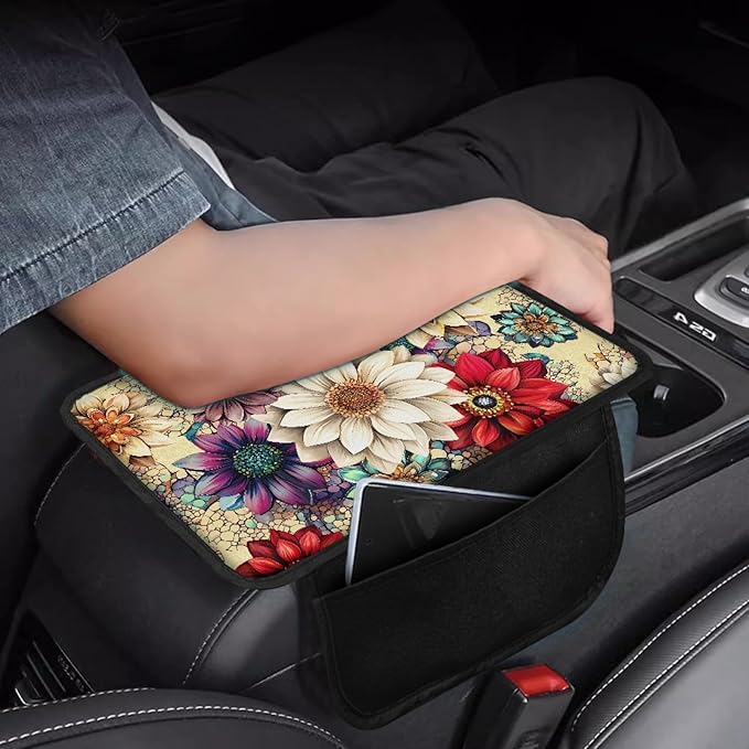 CLOHOMIN Colorful Dahlia Car Center Console Cover, Universal Arm Rest Center Console Storage Cover Flowers Auto Car Armrest Cover for Most Vehicles Automobile Accessories