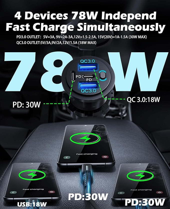 Quad-Port 12V USB Outlet with Switch & LED - 78W Dual QC3.0 & Dual PD3.0 USB C Car Charger Socket for RV Motorcycle Marine Truck Golf Cart Boat Accessories