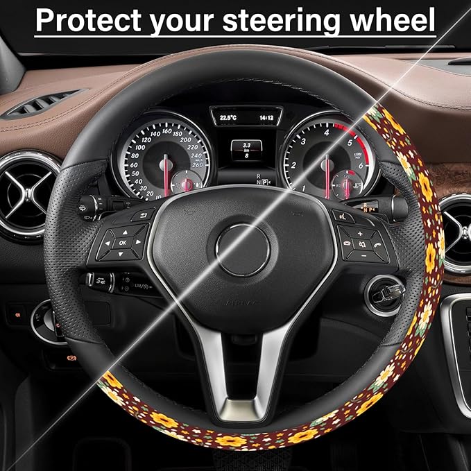 Car Steering Wheel Cover for Women Men, Non-Slip Breathable Cute Steering Wheel, Yellow Daisies Steering Wheel Protector, Car Accessories, Universal 14" 02/2-15" Fit Auto, Suvs