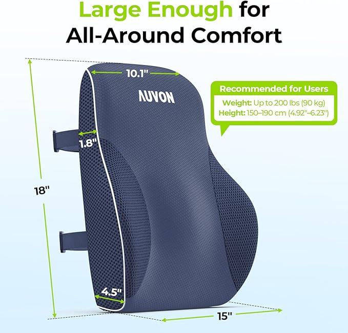 AUVON Lumbar Support Pillow for Office Chair, Lower Back Support, Ergonomic Office Home Essentials Improve Posture, Memory Foam Chair Cushion with Straps for Home, Office, Car (Blue)