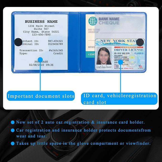Kewucn 2 PCS Car Registration Insurance Holder, Essential Auto Card Glove Box Organizer, Vehicle Interior Accessories Perfect for Most Car, Truck, SUV (10.55''×4.8'', Blue)
