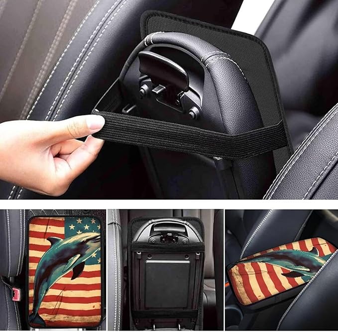 Car Center Console Pad, Universal Waterproof Car Armrest Seat Box Cover, Car Interior Accessories for Most Vehicle SUV Truck Vintage American Flag Dolphin Car Armrest Pad
