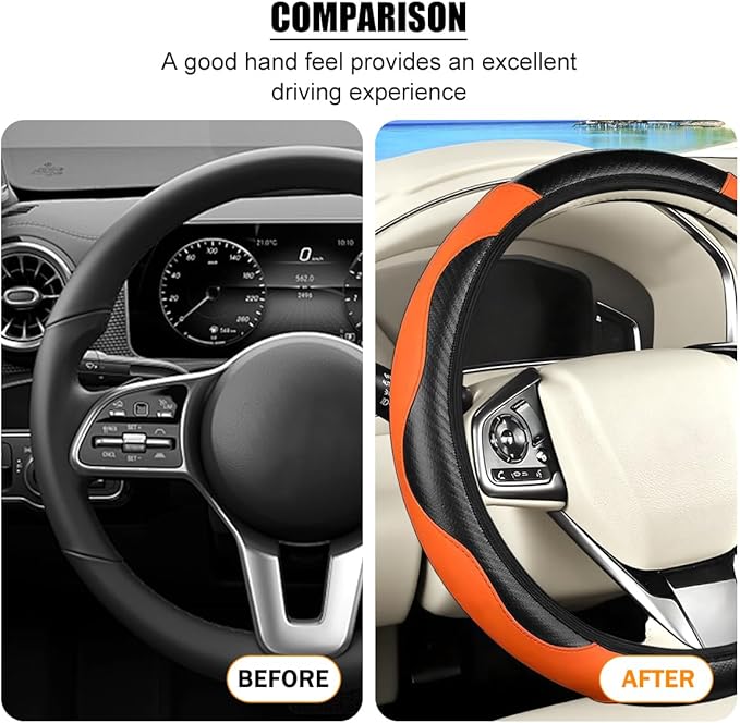 Carbon Fiber Car Steering Wheel Cover, 14.5-15 Inch Elastic Stretch Steering Wheel Guard, Sports Style Non-Slip Automotive Interior Accessories, Universal for Vehicles (Black/Orange)