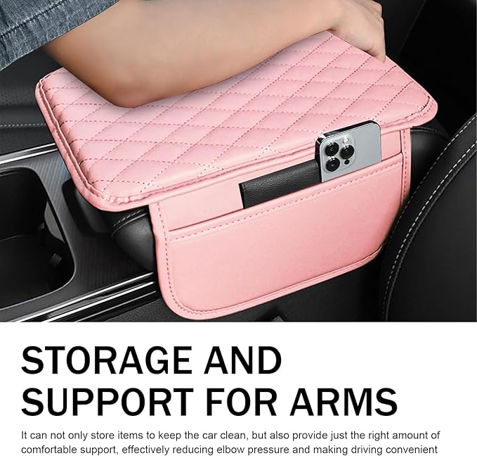 Car Center Console Cover, Leather Armrest Cover Cushion with 2 Storage Bags, Auto Interior Arm Rest Seat Box Pad Accessories, Universal Armrest Organizer for Cars SUVs Truck and More (Pink)