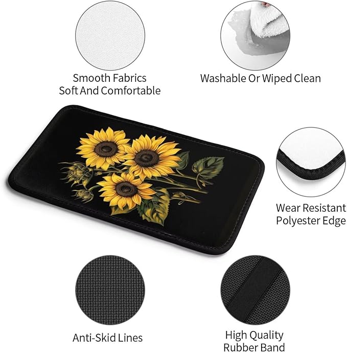 Car Center Console Cushion Pad Yellow Sunflower Universal Armrest Seat Box Cover Protector Flowers Comfortable Car Decor Accessories Fit for Truck Vehicles SUVs, Flower Floral Pad, Black