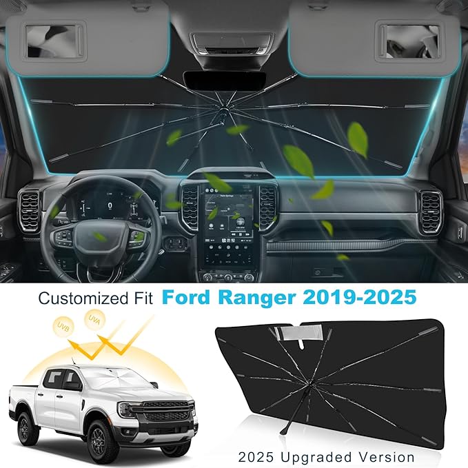 2025 Upgrade Windshield Sun Shade Umbrella Custom Fit for Ford Ranger 2019-2025 Foldable UV Protection Car Cover, Emergency Rain Shield & Dashboard Protector - Durable Auto Accessory