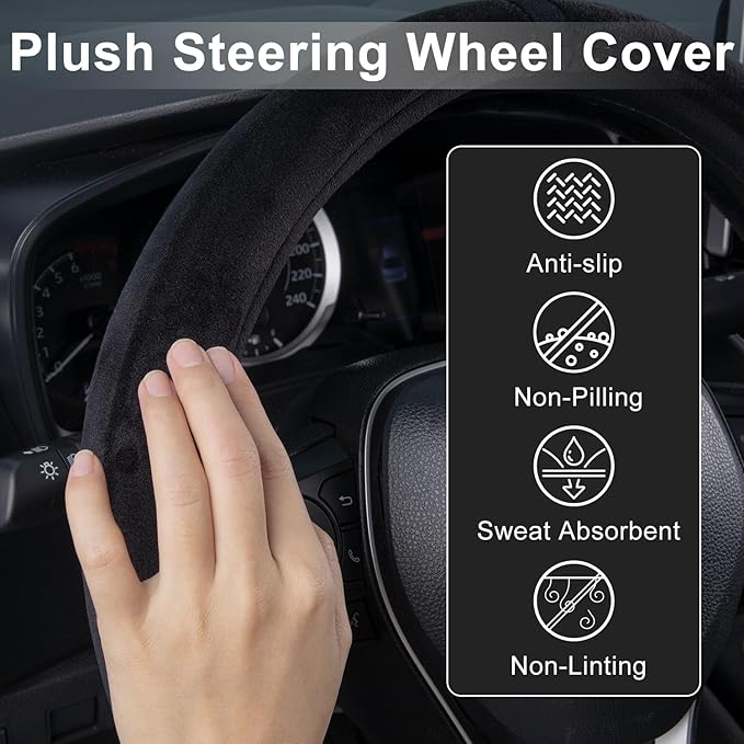COFIT Plush Steering Wheel Cover Winter, Soft Warm Furry Grip Protector for Cars SUVs Trucks, Fits 14.5-15 Inch, Non-Slip Interior Accessory, Black