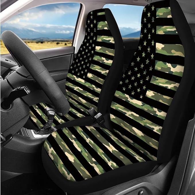 Dngkaoje Camo American Flags Car Seat Covers Full Set 13 Pcs 4th of July Decorations Car Accessories Set with Hanging Trash Can,Seatbelt Pads,Steering Wheel Covers,Fit for Most Truck SUV