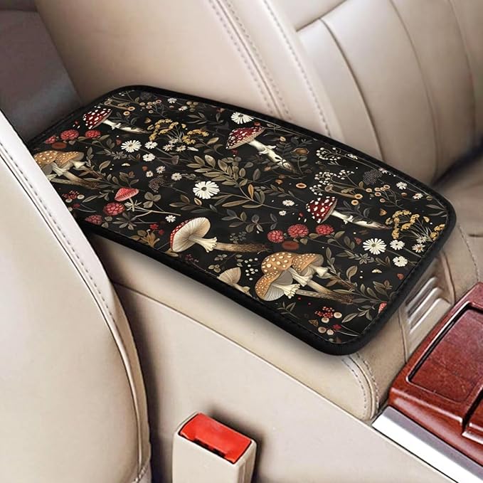 Mushroom Print Car Armrest Box Mat Vintage Boho Brown Floral Auto Center Console Cover Leaf Cars Arm Rest Seat Box Covers Accessories Interior Protection for Most Vehicle SUV Truck