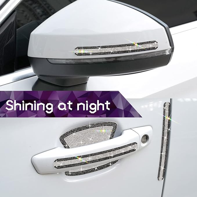 Gengki 10PCS Car Door Handle Bling Rhinestones Stickers Universal Auto Door Handle Scratch Cover Guard Protective Film Pad with Safety Reflective Strips
