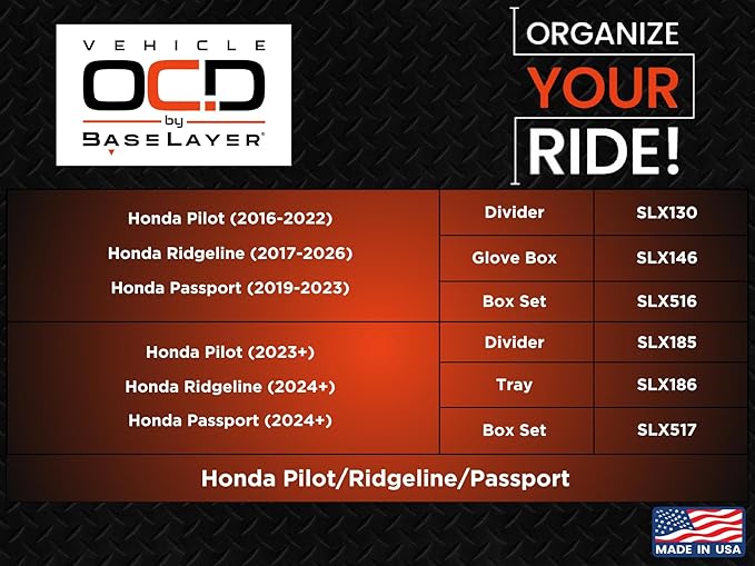 Vehicle OCD - Glove Box Organizer for Pilot (2016-2022) / Ridgeline (2017-2026) / Passport (2019-2023) - Made in USA - SLX146