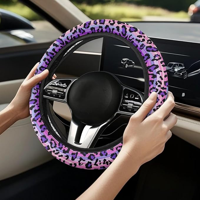 Universal Non-Slip Steering Wheel Cover, 15-inch Polyester Material Driving Accessories, Adjustable for Car and Truck(Pink Purple Gradient Leopard)