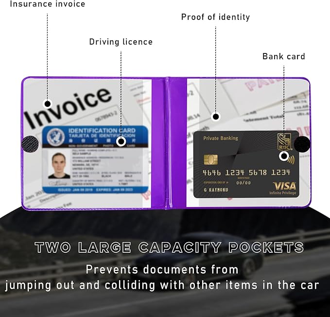 Ziciner 2PCS Car Registration and Insurance Holder, 5.2"× 4.7" Leather Auto Glove Box Organizer with Closure, Essential Car Document Holder for Card, Driver License (Purple)