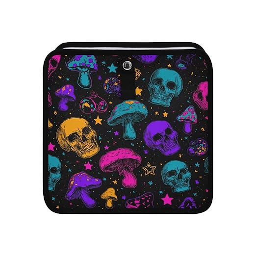 Car Trash Can Organizer Bin with Adjustable Strap for Back Front Seat Console Waterproof Leakproof Collapsible Portable 11 Inch Neon-colored Skulls Stars Mushrooms