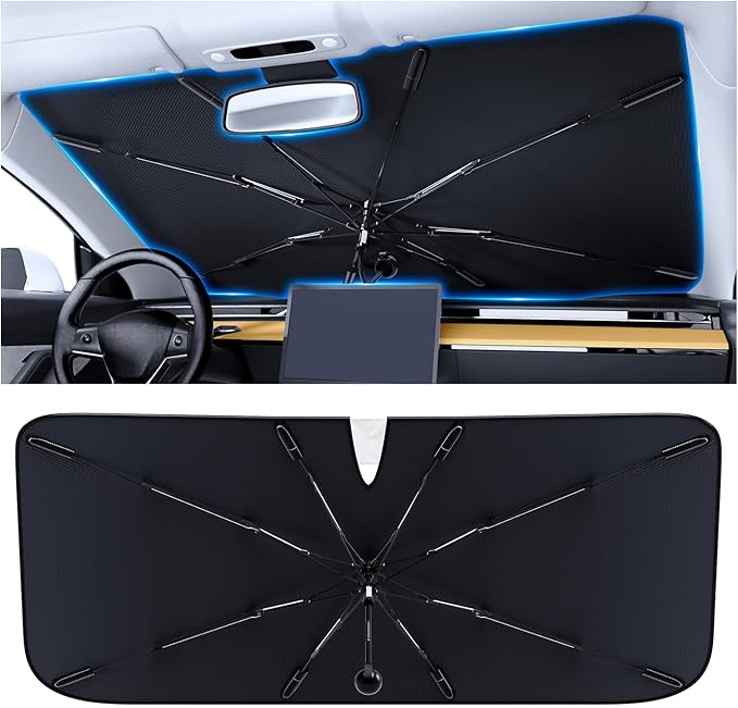 PEMOTech Car Umbrella Windshield Sun Shade | Quick-Install Reliable UV Blocker&Heat Shield | Versatile Car Sun Visor | Foldable Sun Blocker | Keep Cool&Protect Interior | Large (61"x32") for Sedan/SUV