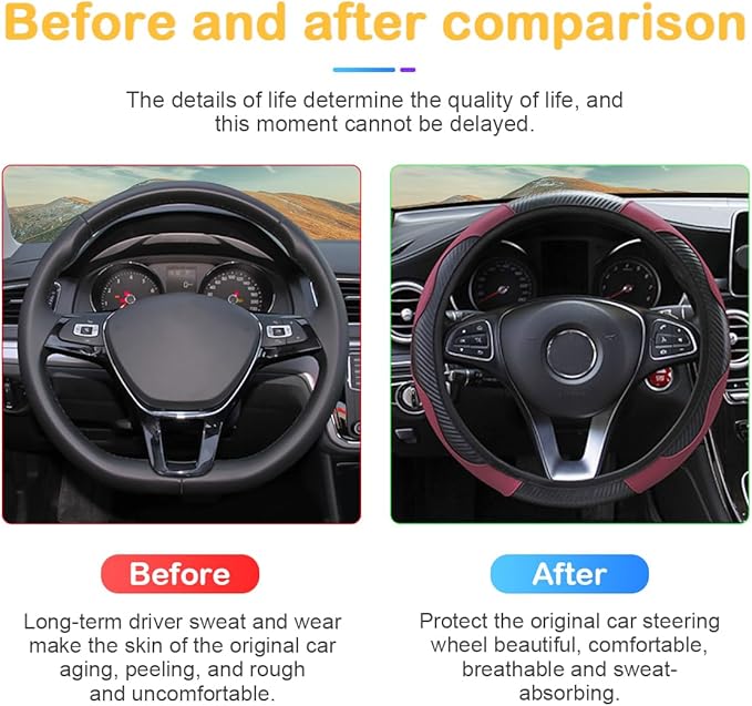 Car Steering Wheel Cover, 15 inch Carbon Fiber Microfiber PU Leather Elastic Steering Wheel Protector for Men Women, Anti-Slip Breathable Car Interior Accessories for Most Cars (Wine Red)