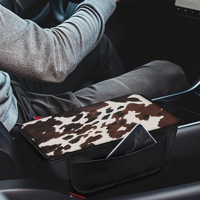 Boatee Cow Print Armrest Cover for Car Console Cushion for Auto Arm Rest Pad Vehicle Center Console Organizer Universal Arm Rest Seat Box Cover Protector Middle Console Pad Stylish Decor Brown