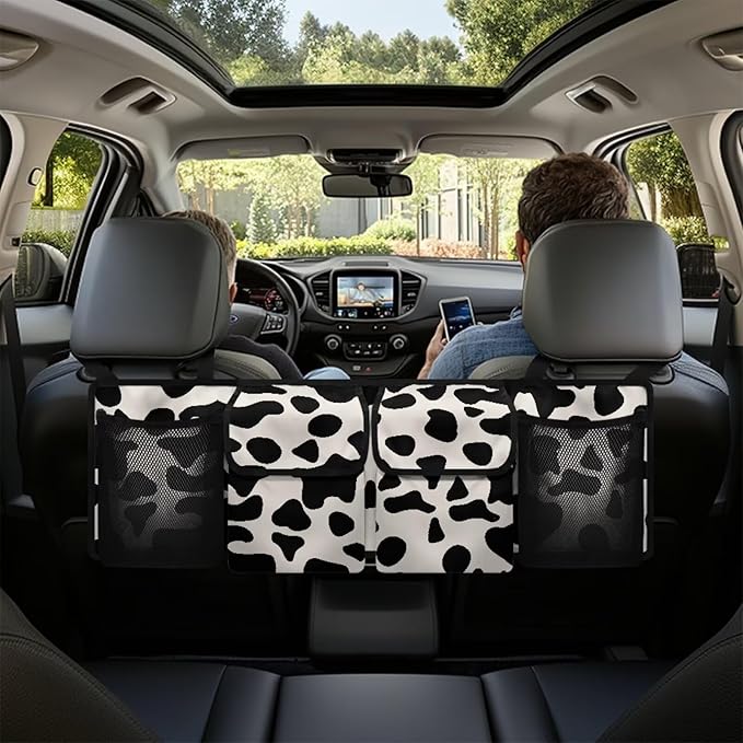 SEANATIVE Cow Print Car Trunk Organizer, Auto Waterproof Sturdy Backseat Hanging Large Storage Collapsible Cargo Bag with Anti-Slip Adjustable Strip, Vehicle Interior Accessories for Woman