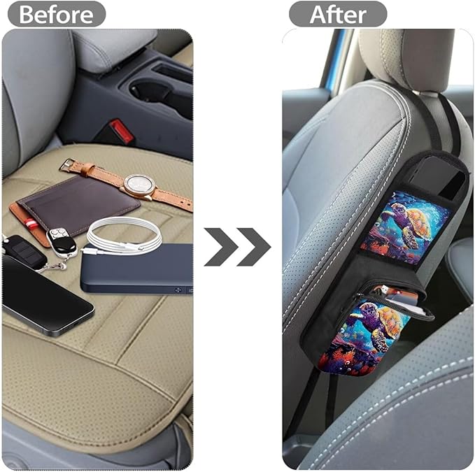 Sea Turtle Car Seat Side Storage Bag Organizer Automatic Seat Storage Bag with 2 Pockets Multi-Pocket Bottle Bag Storage Box Organizer Travel Tidy Pouch Pocket