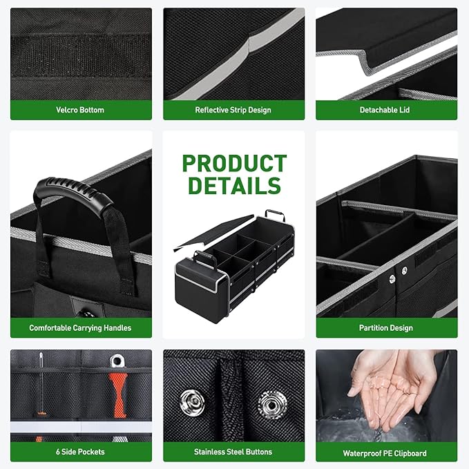 Car Trunk Organizer,115L Heavy Duty Collapsible Trunk Storage, with Insulated Leakproof Cooler Bag Vehicle Cargo Organizer with Lid, 3 Compartments, Straps For Car,Suv,Jeep,Sedan-Black