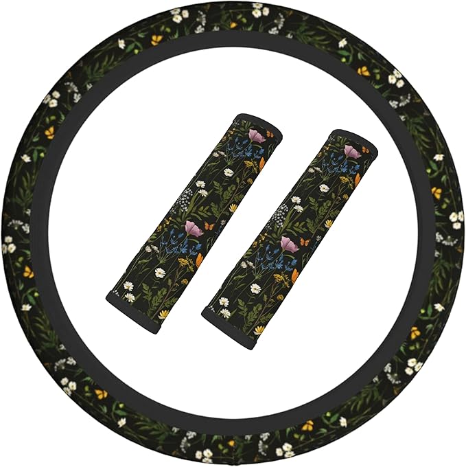 Floral Steering Wheel Cover Elastic Non-Slip Car Steering Wheel Covers with Seat Belt Shoulder Pad for Women Men