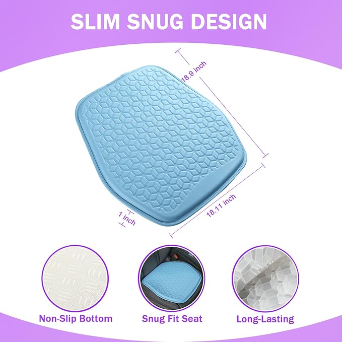 Thin Gel Seat Cushion for Car Seat, Office Chair, Wheelchair, Golf Cart - Non-Slip Car Seat Cushions with 0.7 Inch Gel - Sciatica & Coccyx Pain Relief (Leather, Blue)