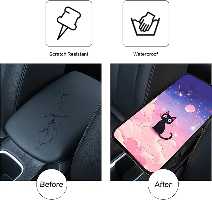 JANENFNA Car Armrest Cover Pads Universal Fashion Cute Auto Center Console Armrest Cover Pad with 2PCS Car Coasters Soft Waterproof Car Armrest Seat Protector for Women,Cute Cat on Pink Clouds