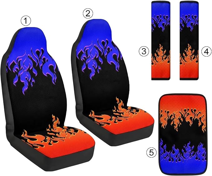 Oramclsy Flame Car Front Seat Covers Set with Armrest Pad All Season PU Breathable Seat Belt Pad Universal Fit Most Truck SUVs