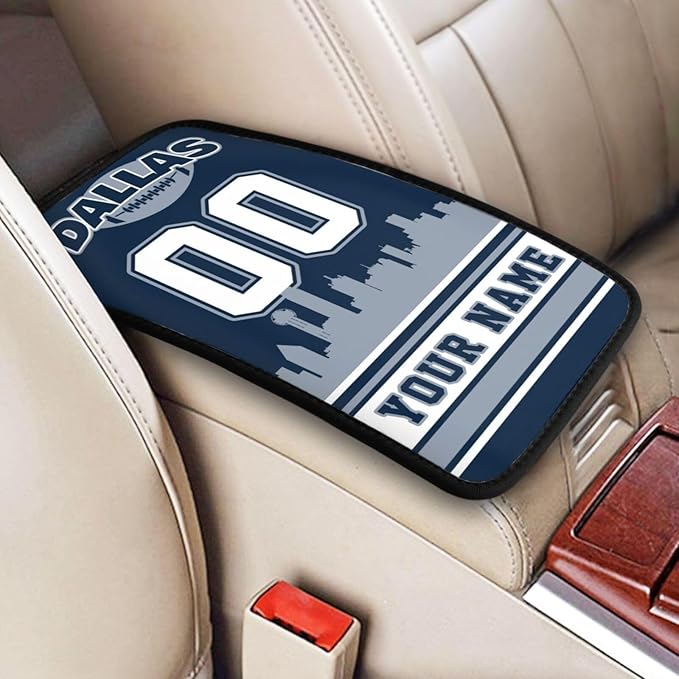 Custom Football Car Armrest Covers Personalized Football Style with Name Number Customized Auto Center Console Pad Car Handrail Box Cushion for Most Vehicle Decor Accessories, Blue