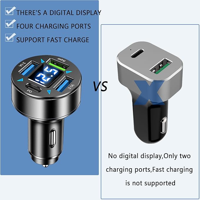 Fast Car Charger,4 Ports Cigarette Lighter USB Charger with LED Voltmeter,PD3.1/Super Port Car Charger Adapter Fast Charging,Compatible with iPhone/Android/Samsung Galaxy (PD/Super)