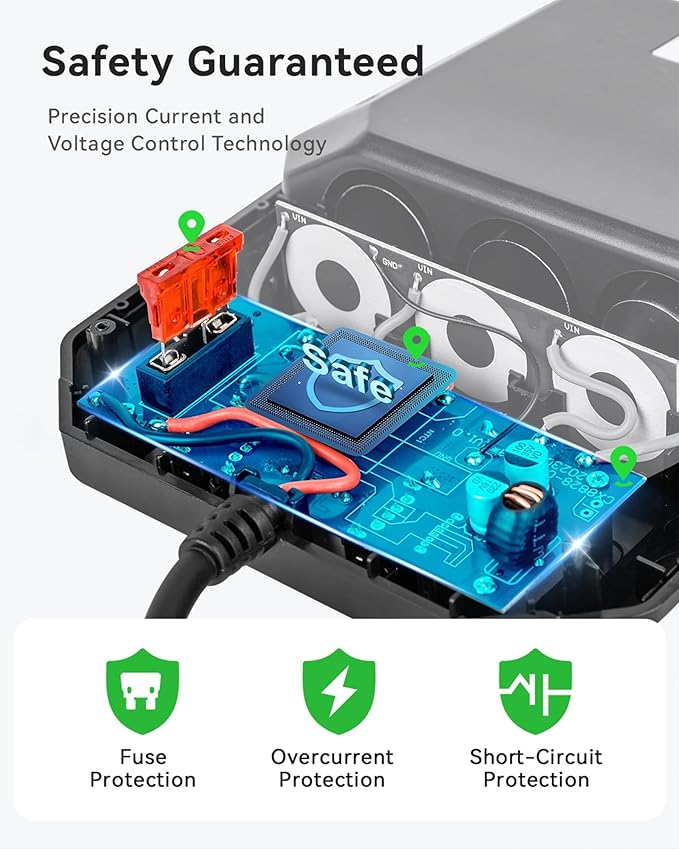 7-in-1 Cigarette Lighter Splitter, 120W Car Charger Adapter with 3 Sockets & Independent Switches, 4 USB Ports (USB-A/USB-C), LED Voltage Display, UL Certified, Built-in Fuse + Spare Fuse