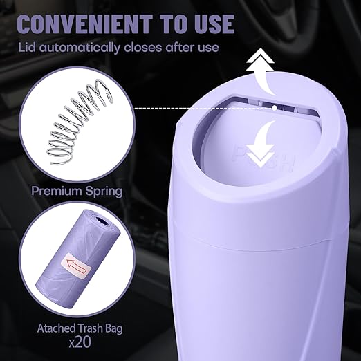 SGLRT Car Trash Can Bin with Lid - Car Garbage Can Cup Holder - Light Purple Mini Leakproof Vehicle Garbage Bin with 20pcs Trash Bags-Automotive Organizers and Storage for Front Back Seat Accessories