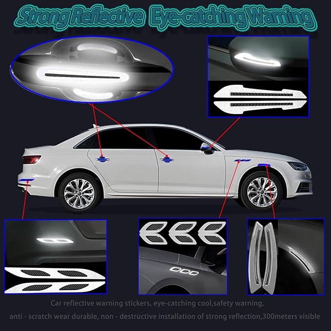 16 Piece Reflective Car Sticker Set Mirror Warning Sticker Car Door Handle Protector Reflective Self-Adhesive and Scratch Free Paint Protective Film (White)