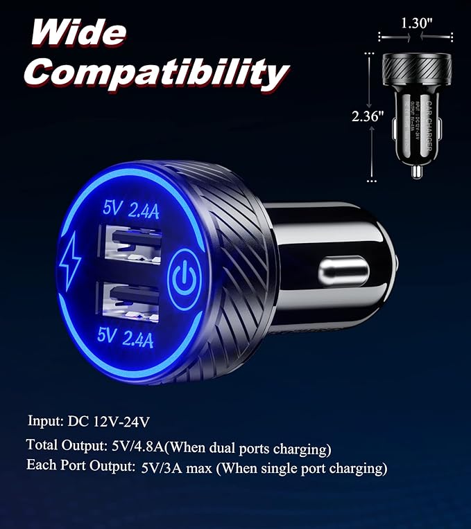 【2Pack】 USB Car Charger, Dual USB Port Cigarette Lighter Adapter, 5V/4.8A Charge Car Phone Charger with Blue LED & Touch Switch
