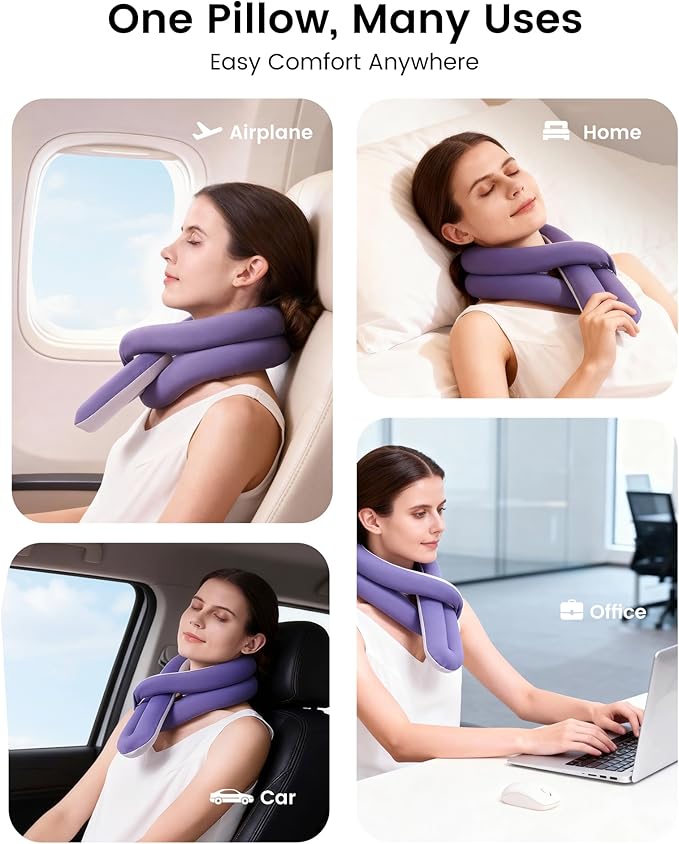 KPNEOL Travel Pillow, Neck Pillow – Ergonomic Memory Foam Pillow for Airplane, Adjustable & Ultra-Lightweight with Dual-Sided Fabric for Flight, Car, and Office Use, Purple