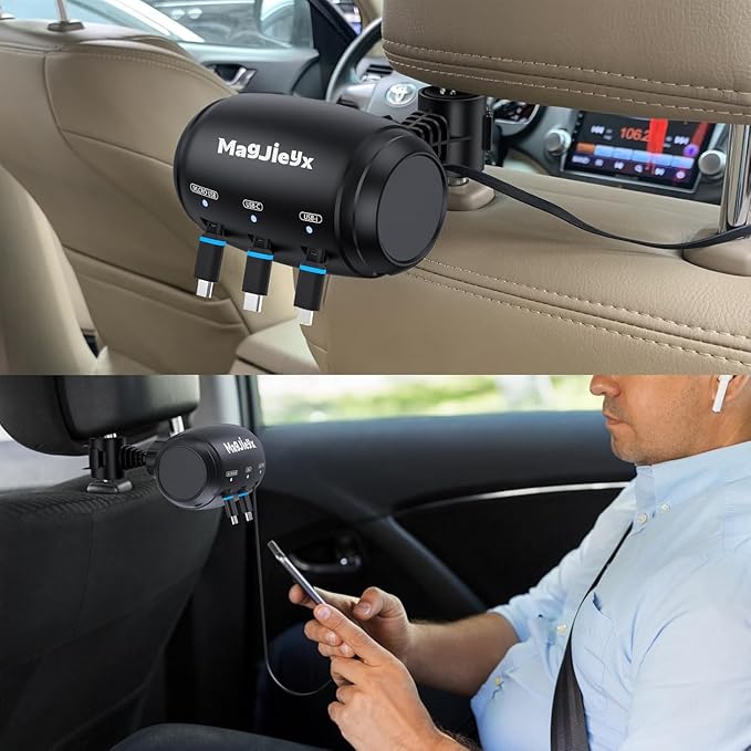 Multi Retractable Car Charging Station Box, 3 in 1 Headrest Fast Power Charging Dock Cord USB Type C Fits iPhone 16/15/14/iPad/Android/Samsung|Uber Lyft Backseat Passengers Share Rid