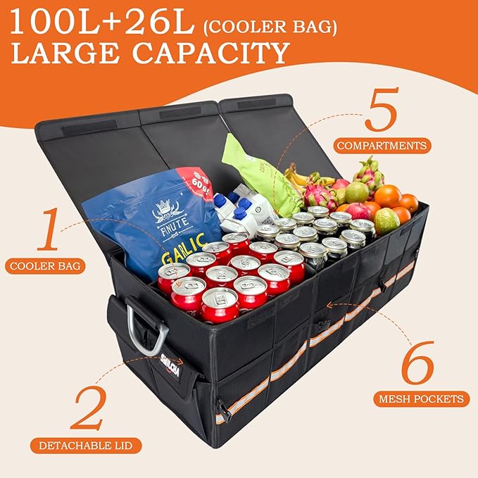 Heavy-Duty Extra Large 100L Premium Foldable Car Trunk Organizer with Lid + 26L Cooler Bag, Waterproof Robust Durable 1680D Oxford & Multi-Compartment Collapsible for SUV, Truck, Van, Sedan (Black)