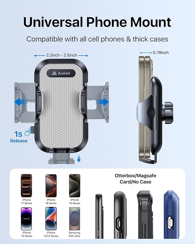 andobil Car Phone Holder, 2026 Military-Grade 89lbs Strongest Suction Phone Holders for Your Car Dashboard/Windshield/Vent Easy Clamp Cellphone Holder Truck Stand for iPhone 17 16 15 Pro Samsung Grey