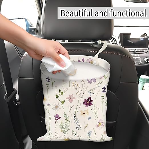 Car Trash Can, Hanging Garbage Bin for Men and Women, Cute Car Organizer and Storage Bag, Canvas Vehicle Trash Can Bag Easy-to-Install Cute Purple and White Floral
