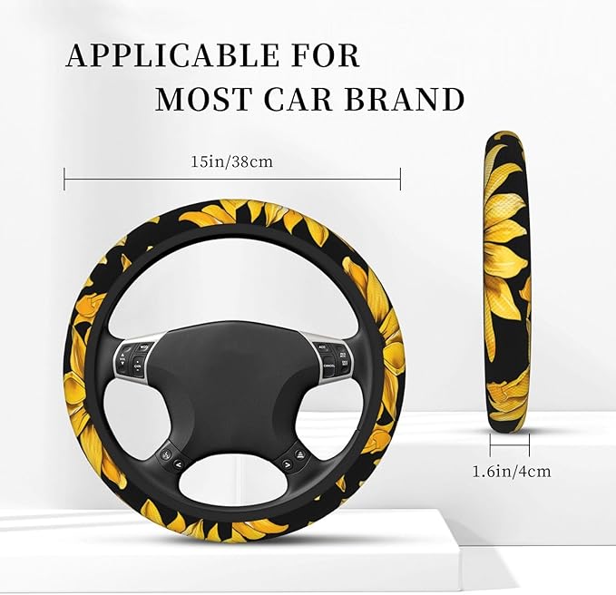 Steering Wheel Cover Polyester Thick Non-Slip Car Steering Wheel Cover Protector Universal 15 Inch, Yellow Sunflower Theme