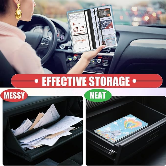 Car Registration and Insurance Card Holder for Women Men, Waterproof PU Leather Glove Box Car Organizer with Magnetic Shut, Vehicle Document Holder for Driver License,Cards, Cute Cartoon Elephant